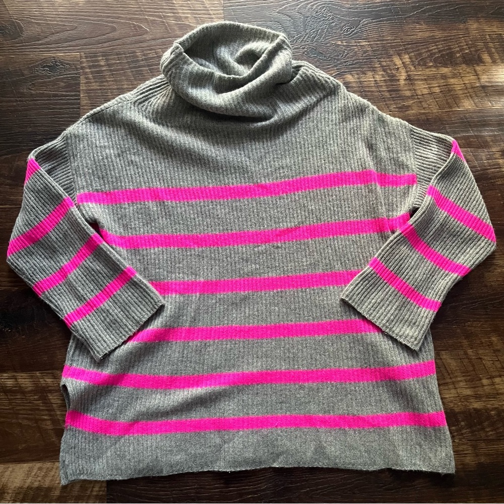 Autumn Cashmere 100% cashmere gray pink striped cowl neck tunic sweater small